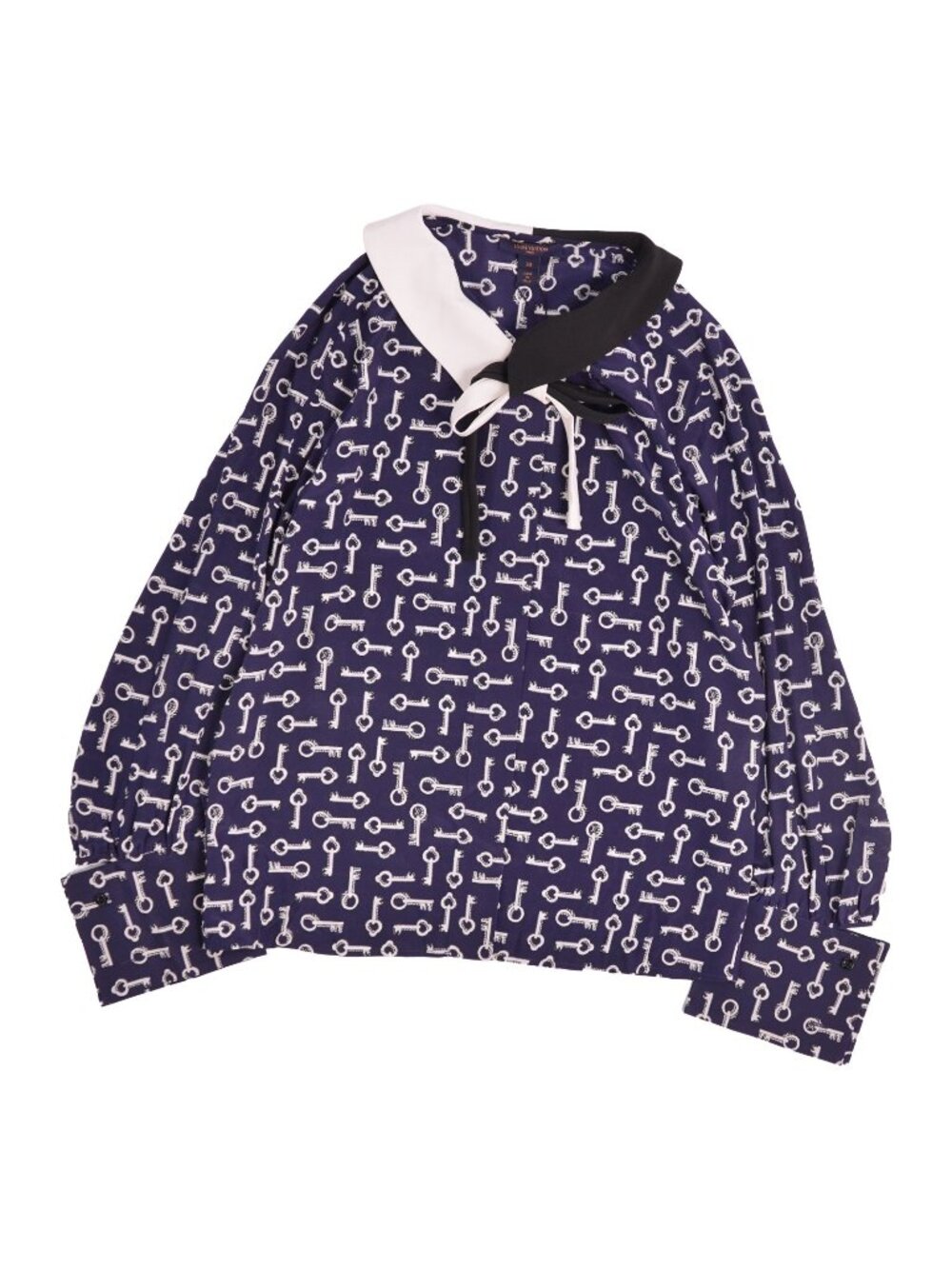Louis Vuitton Shirt Blouse Ribbon Long Sleeve All Over Print Top Silk Navy 38